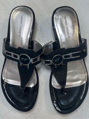 Marc Fisher Black Patent Thong Sandals with Silver Accents